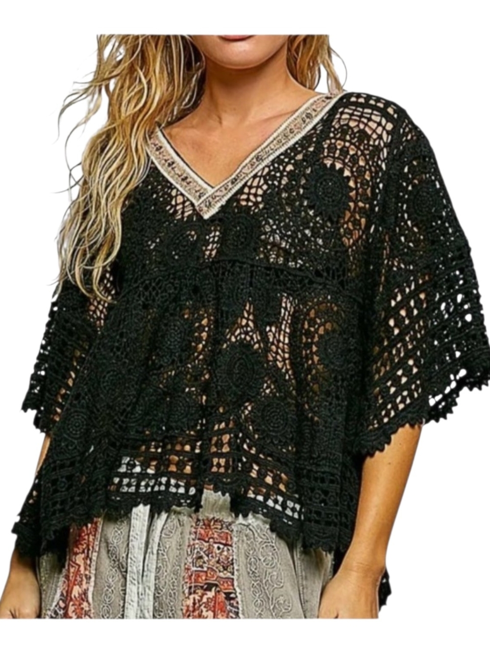 POL Black Crochet V-Neck Top with Beaded Trim
